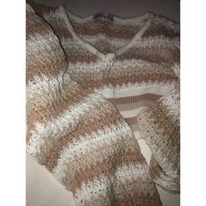 Beige White Knit Boho Y2k Sweater Crop Tan Crochet Stripe Vneck Balloon Sleeve M
